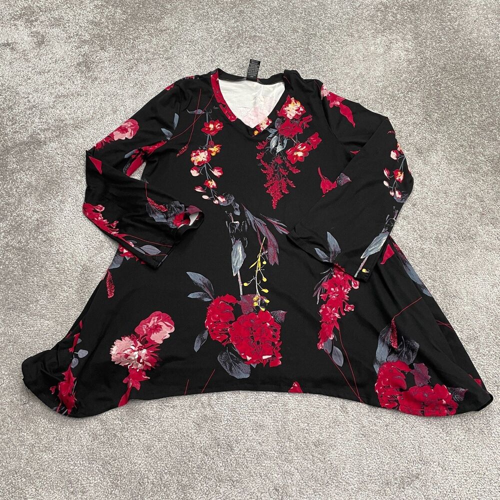 Lildy Floral Tunic Womens S-M Black Red V-Neck Long Sleeve Relaxed Pocket Casual